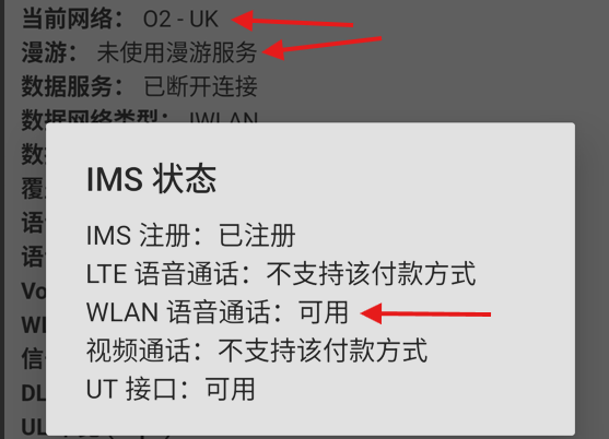 正在使用 WLAN 通话测试成功
